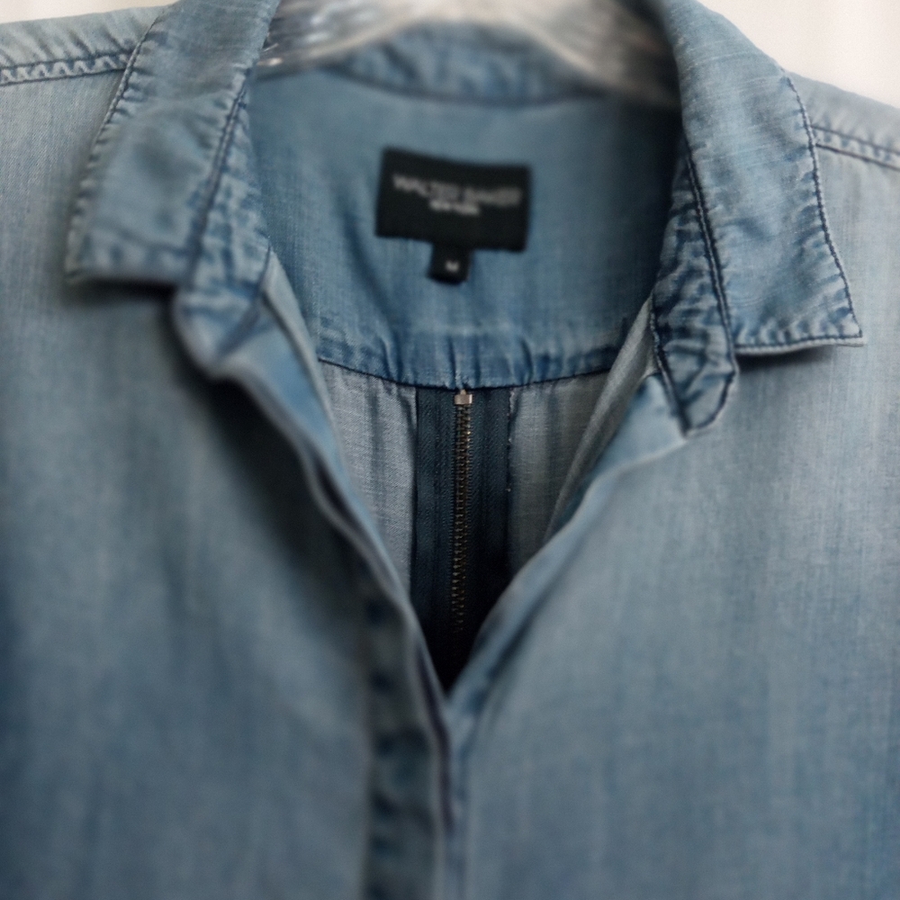 Walter Baker Ombré Blue Denim Back Zip  Up Long Sleeves Gunmetal Button Blouse - Picture 4 of 16